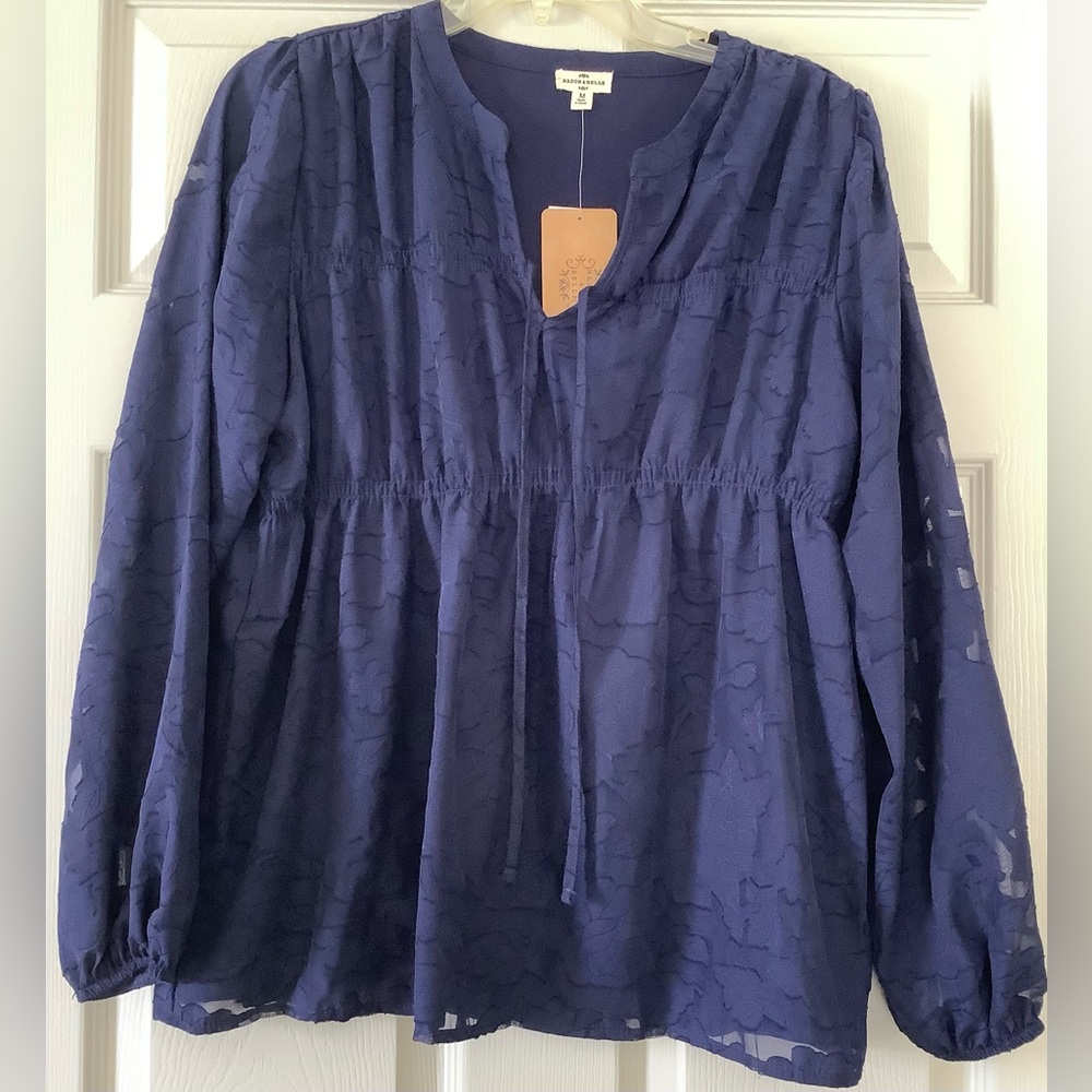 NWT. Women's Navy Tie-Neck Peasant Blouse